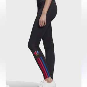 Adidas Women's Black Leggings with Pink and Blue Accents